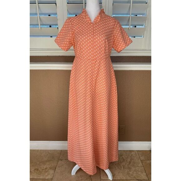 Vintage Women's M Handmade Collared Midi Dress Orange Floral Mid Mod Retro Style - Picture 1 of 9